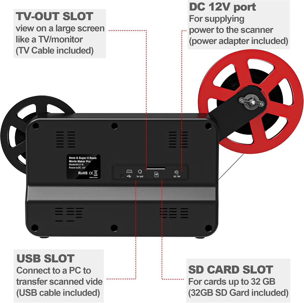8mm & Super 8 Film to Digital Converter, Super 8 Scanner with 2.4' LCD | Supports 3', 5', 7' and 9' reels, Converts Film to MP4, Includes 32GB SD card, Frame-by-frame scanning, No Computer Required