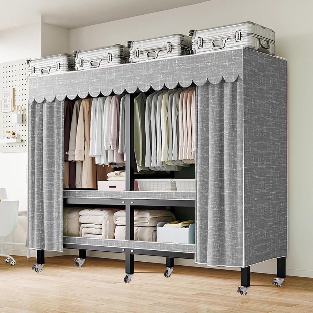Large Capacity Closet Rack Heavy Duty Clothe Rack With Cover Load 2000lbs Foldable Portable Wardrobe Closets For Hanging Clothes Freestanding Clothing Garment Rack Wardrobe Clothes Organizer(125cm/49.