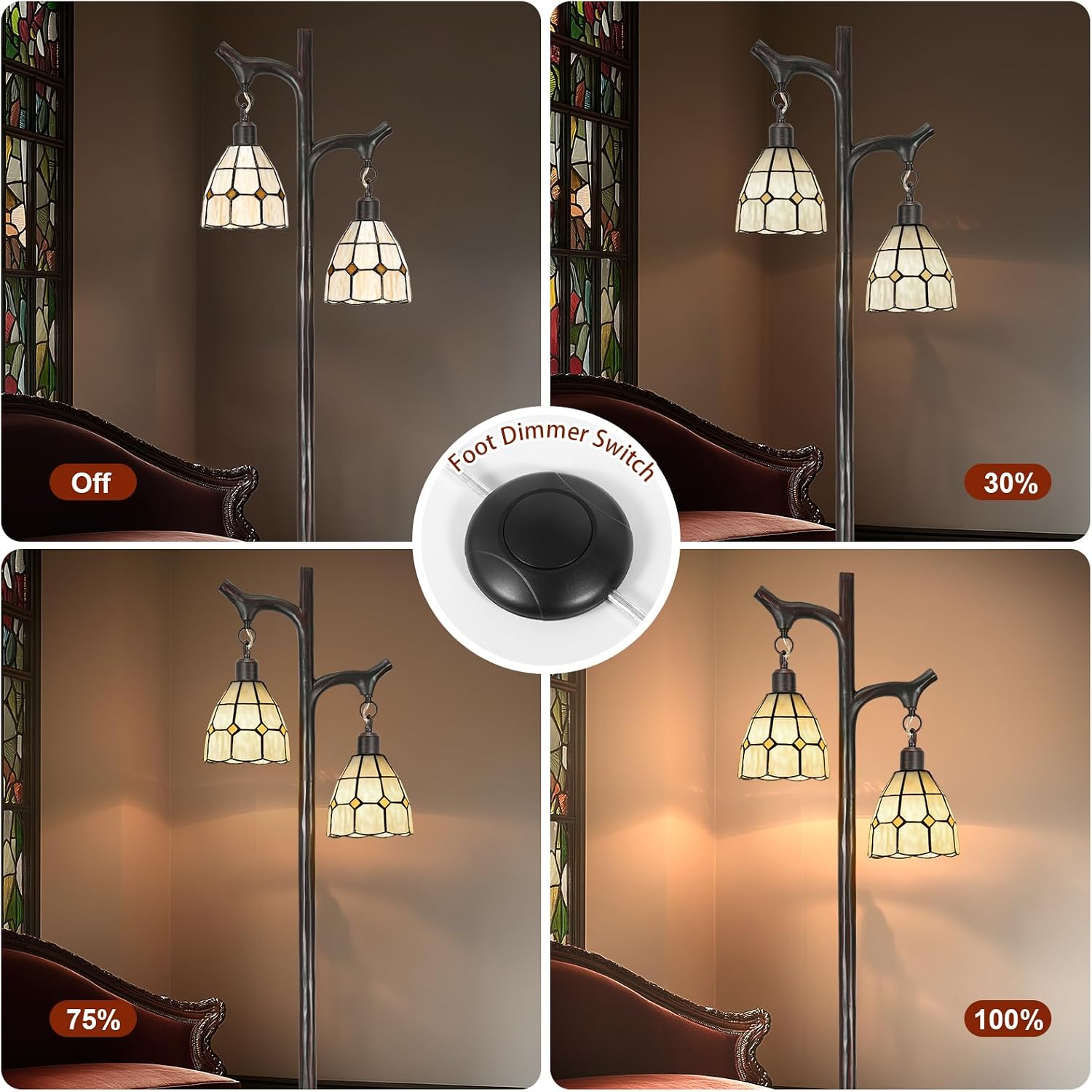 68' Tiffany Style Stained Glass Floor Lamp for Living Room,Modern Industrial Vintage Standing Floor Lamp for Bedroom,Stepless Dimmable Rustic Tree Trunk Tall Lamp for Study Room (Bulb Included)