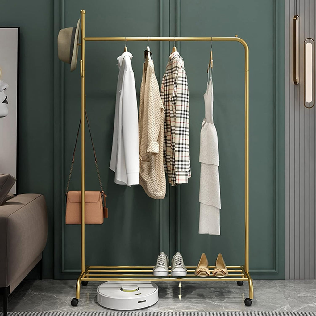 Heavy Duty Coat Rack, Garment Rack Modern Metal Clothes Rail On Wheels Freestanding Hanger with Shelves and 4 Hooks Space Saving Clothing Rack for Bedroom and Entrance Easy to Assemble (80X38X170CM)