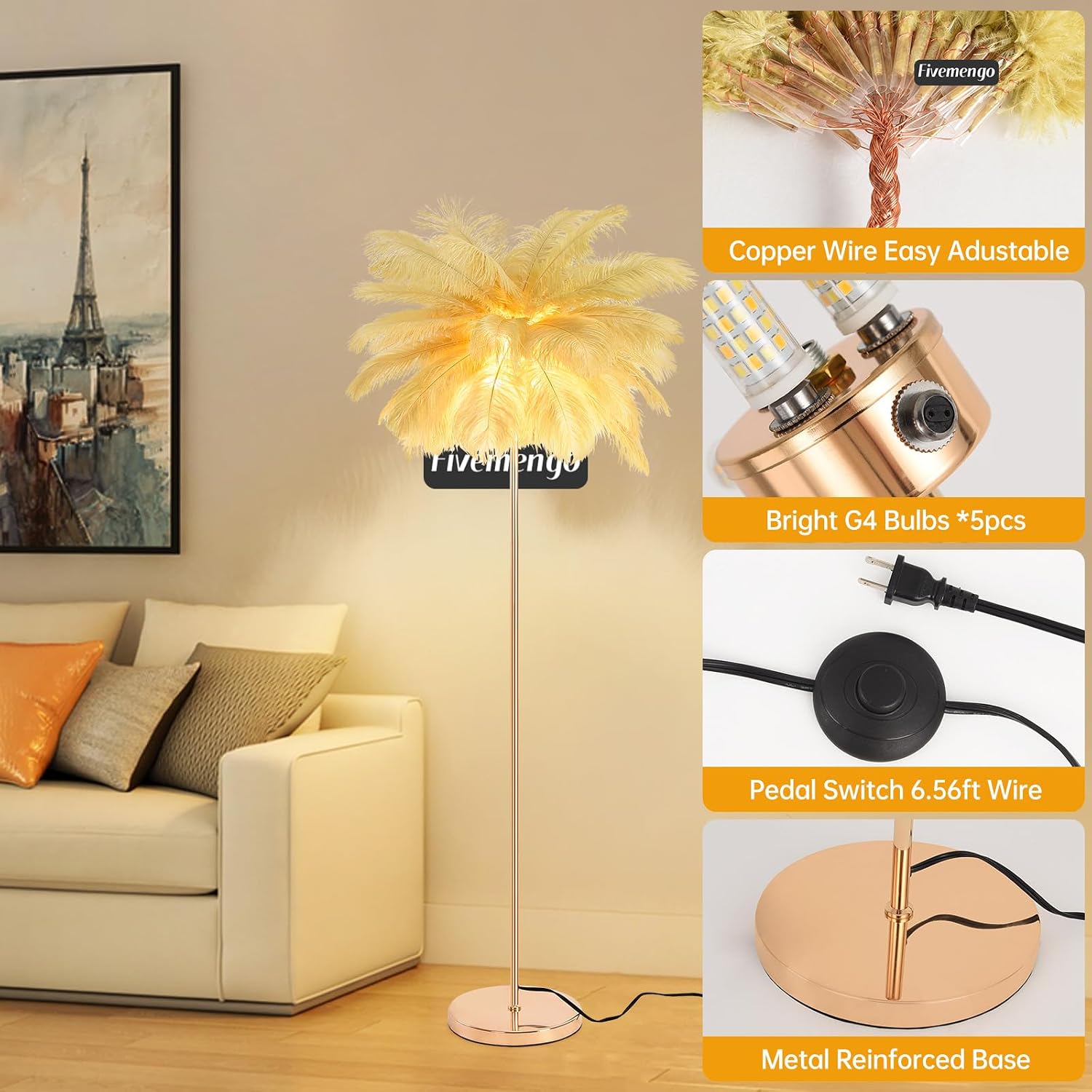 Feather Floor Lamp for Living Room, Fluffy Ostrich Feathers Lamp, Rose Gold Color Body, 3 Color Temperatures Modern Funky Arc Tall Standing Lamp for Bedroom Inclued Bright LED Bulbs (Camel)