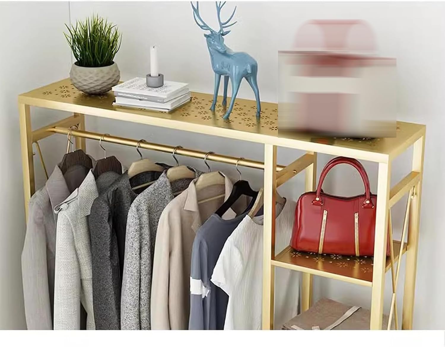 Heavy duty Garment rack Metal Free-Standing Clothing Rack, Portable Clothes Storage Organizer For Bedroom And Laundry Room, Space Saving Coat Rack With 6 Tier Shelves And Hanging (Gold 90X30X155CM)