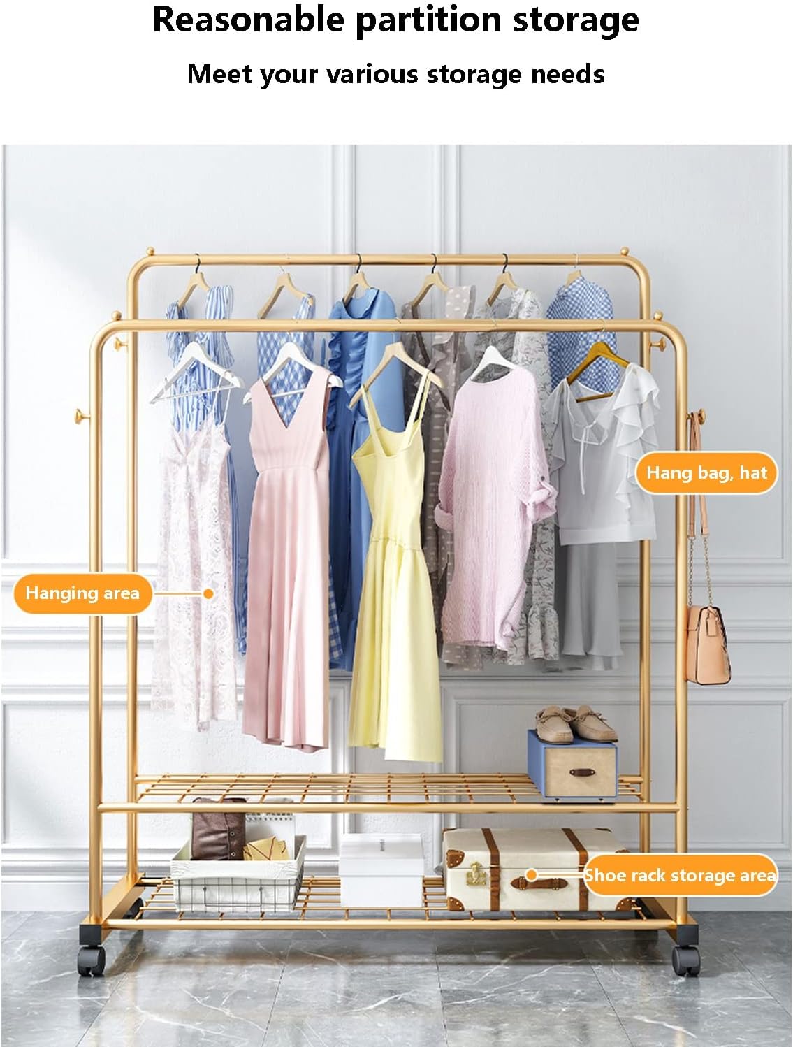 Heavy Duty Clothing Rack - Freestanding Double Rail with 2-Tier Shelves & 4 Rolling Casters for Coats, Dresses, & Shirts - Sturdy Metal Garment nizer & Stora Solut
