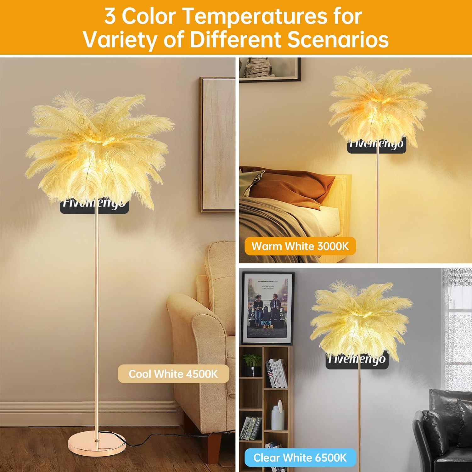 Feather Floor Lamp for Living Room, Fluffy Ostrich Feathers Lamp, Rose Gold Color Body, 3 Color Temperatures Modern Funky Arc Tall Standing Lamp for Bedroom Inclued Bright LED Bulbs (Camel)