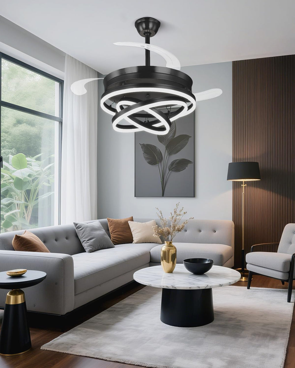 Retractable Ceiling Fans with Lights, 42' Fandelier Ceiling Fan with Light and Remote, Reversible, 3 CCT, Dimmable, Modern Chandelier Ceiling Fan for Bedroom, Living Room, Dining Room (Black)