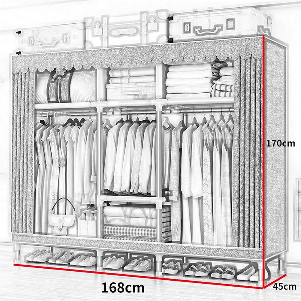 Metal Closet Wardrobe with Cover Freestanding 3 Tiers Garment Rack for Hanging Clothes with Shelves and Hangers for Bedroom (Color : D, Size : 168x45x170cm)