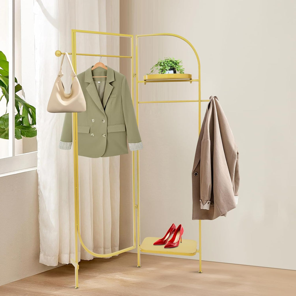 Clothes Display Stand, Metal Heavy Duty Freestanding Garment Rack Foldable Clothing Shelf Clothes Rack for Hanging Clothes Coats Skirts Shirts Sweaters (Gold)