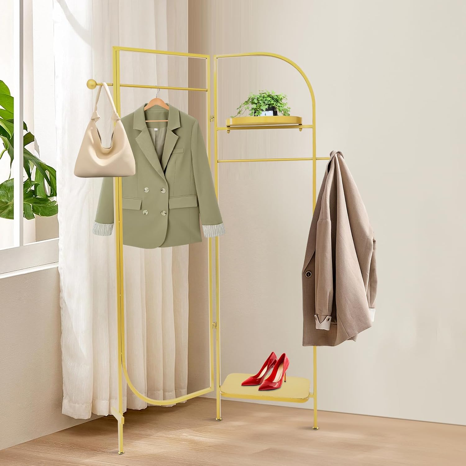 Clothes Display Stand, Metal Heavy Duty Freestanding Garment Rack Foldable Clothing Shelf Clothes Rack for Hanging Clothes Coats Skirts Shirts Sweaters (Gold)