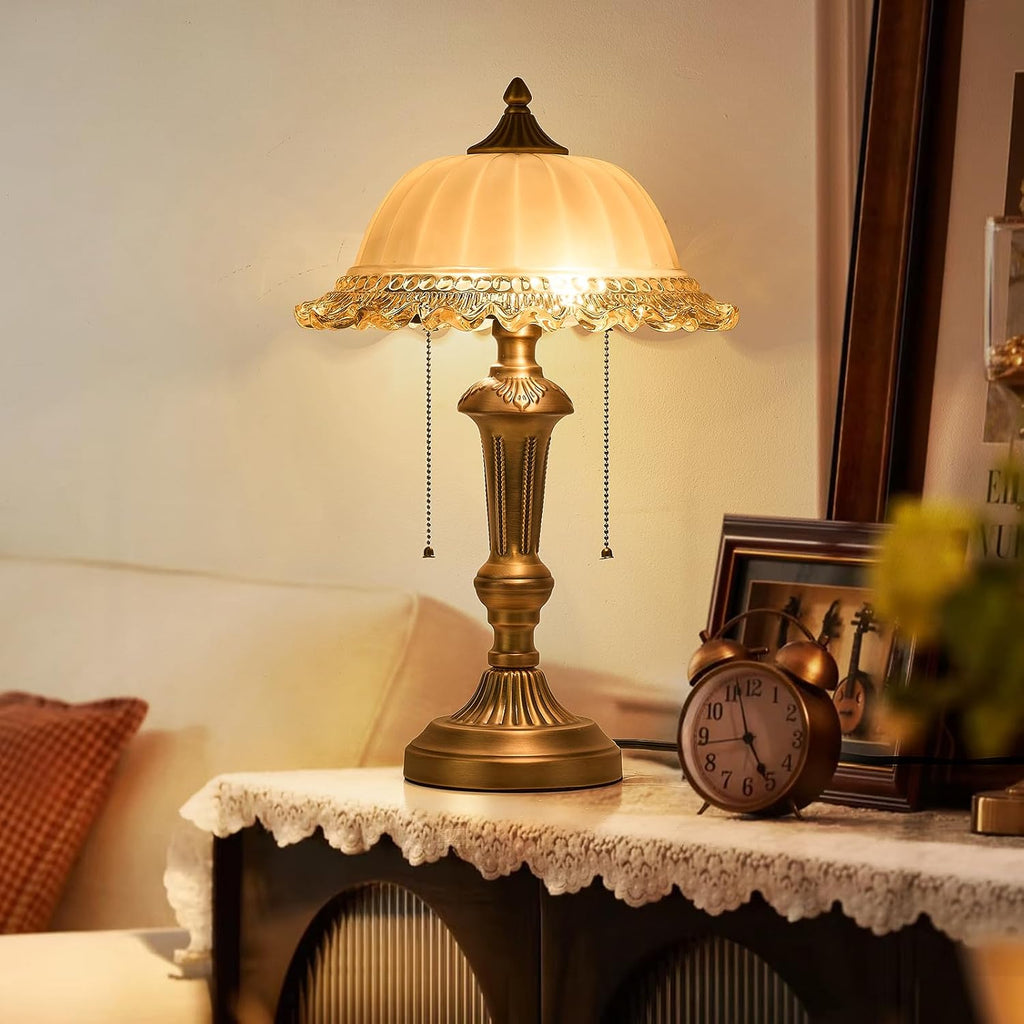 HDDFL Glass Shade Table Lamp Vintage Metal Desk Lamp 2 Lights Table Light with Plug Switch for Bedroom Living Room Home Office Brass and Brown