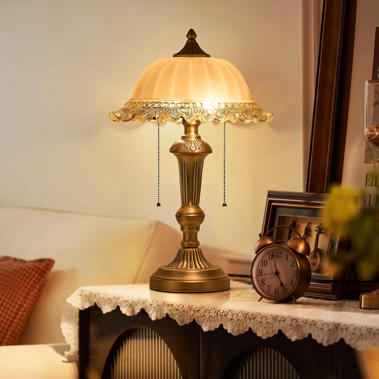 HDDFL Glass Shade Table Lamp Vintage Metal Desk Lamp 2 Lights Table Light with Plug Switch for Bedroom Living Room Home Office Brass and Brown
