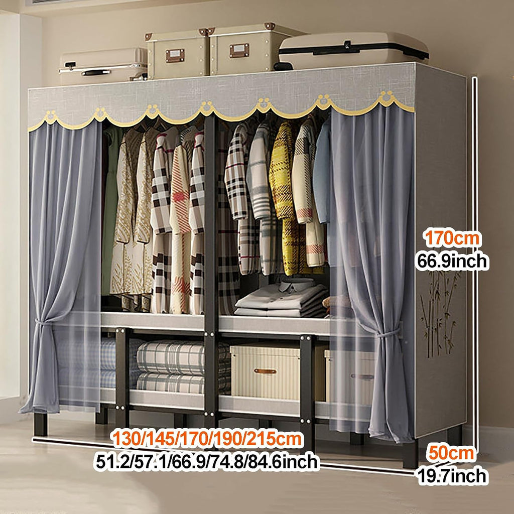 Foldable Closet Wardrobe With Cover, Heavy-Duty Clothe Rack, Covered Clothes Rack, Freestanding Metal Clothing Rack, Armoire Coat Storage Garment Racks For Hanging Clothes(Yellow,130x170x50cm)