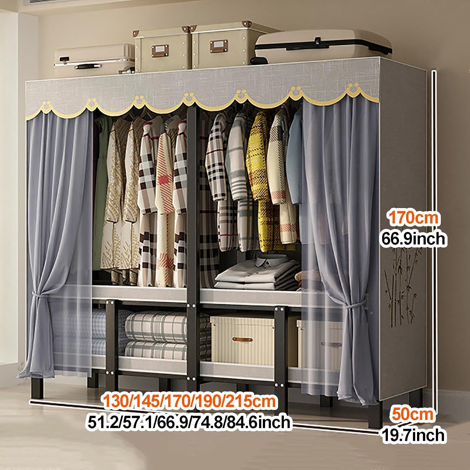 Foldable Closet Wardrobe With Cover, Heavy-Duty Clothe Rack, Covered Clothes Rack, Freestanding Metal Clothing Rack, Armoire Coat Storage Garment Racks For Hanging Clothes(Yellow,145x170x50cm)