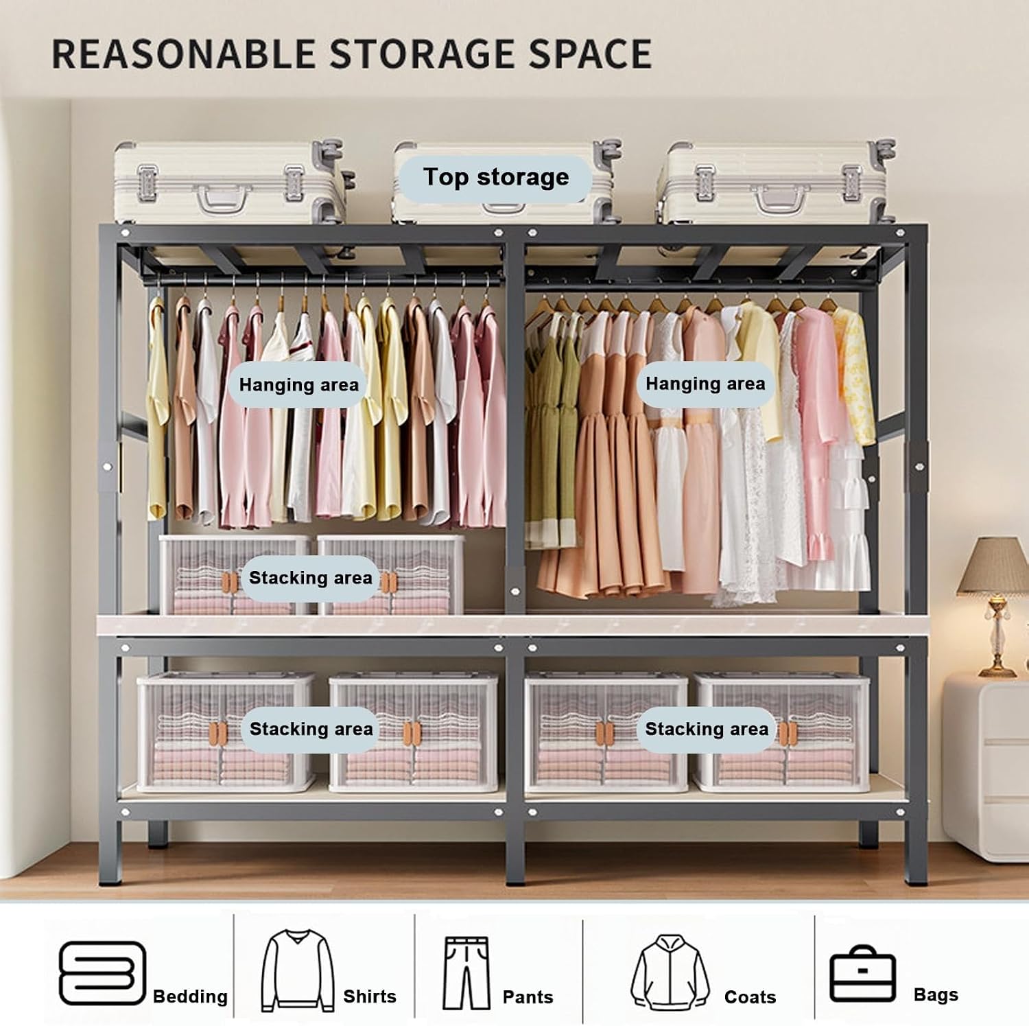 Large Capacity Closet Rack Heavy Duty Clothe Rack With Cover Load 2000lbs Foldable Portable Wardrobe Closets For Hanging Clothes Freestanding Clothing Garment Rack Wardrobe Clothes Organizer(125cm/49.