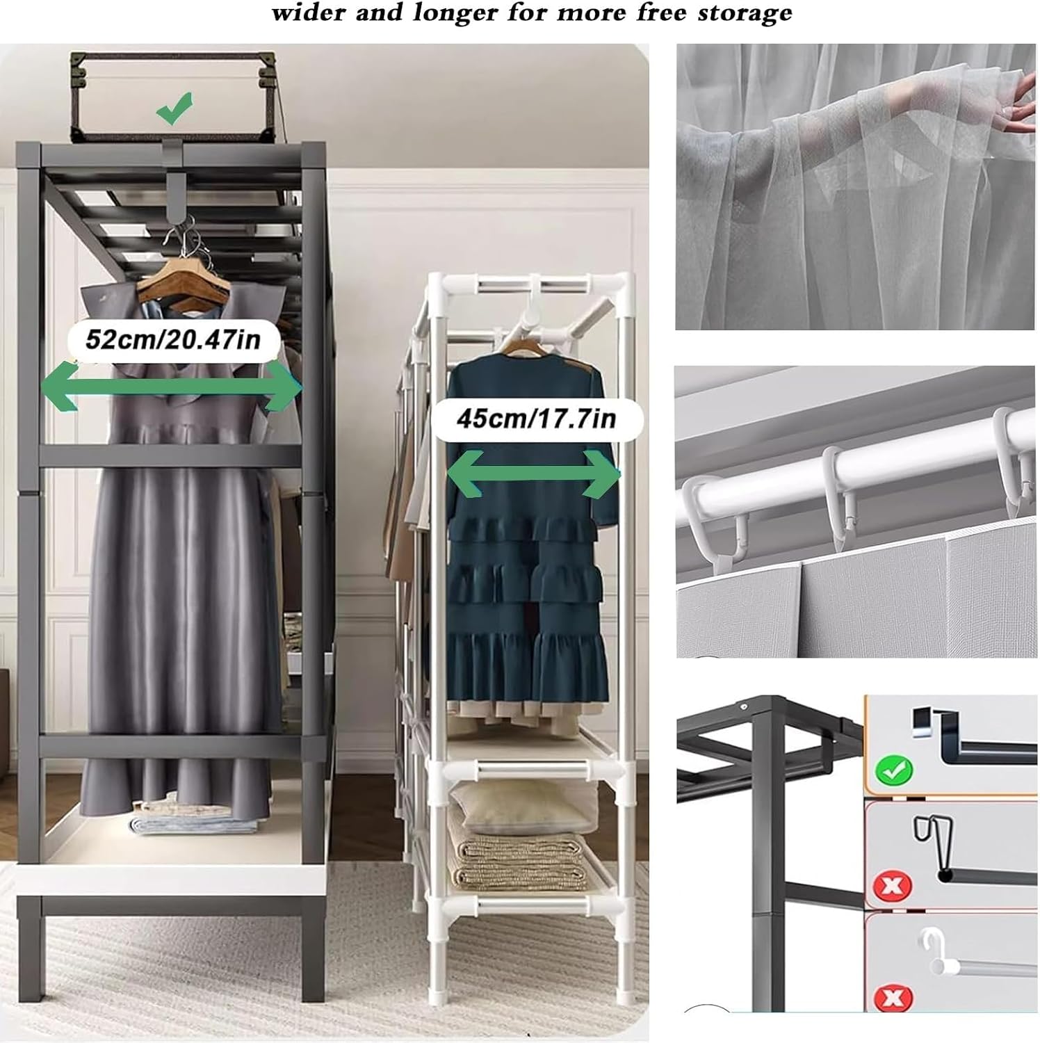 Large Foldable Clothing Rack With Cover Heavy Duty Metal Clothes Racks On Wheels Loads 2000LBS Covered Portable Wardrobe Closet For Hanging Clothes Freestanding Garment Rack For Bedroom(203cm/80in)