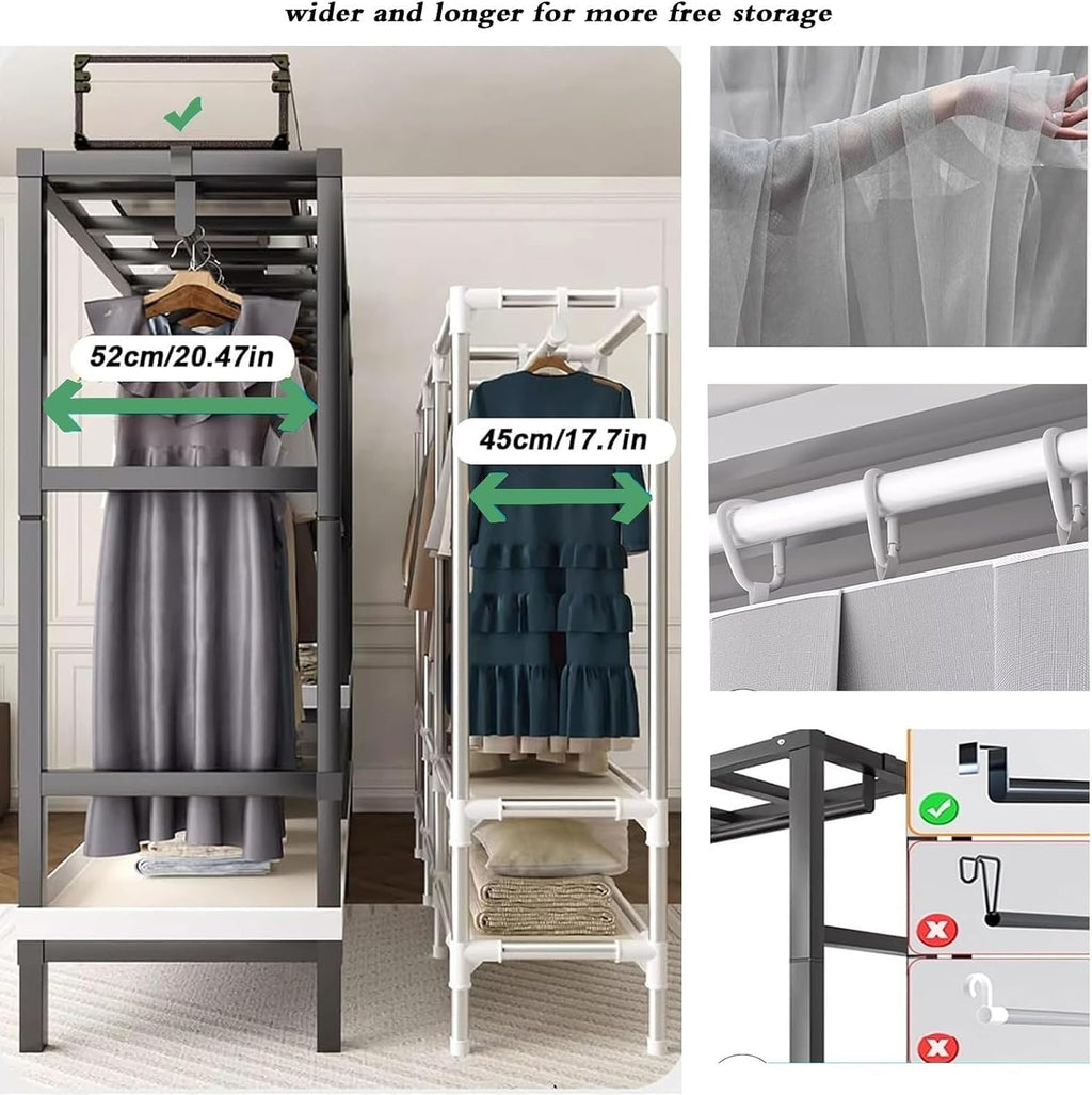 Large Foldable Clothing Rack With Cover Heavy Duty Metal Clothes Racks On Wheels Loads 2000LBS Covered Portable Wardrobe Closet For Hanging Clothes Freestanding Garment Rack For Bedroom(180cm/71in)