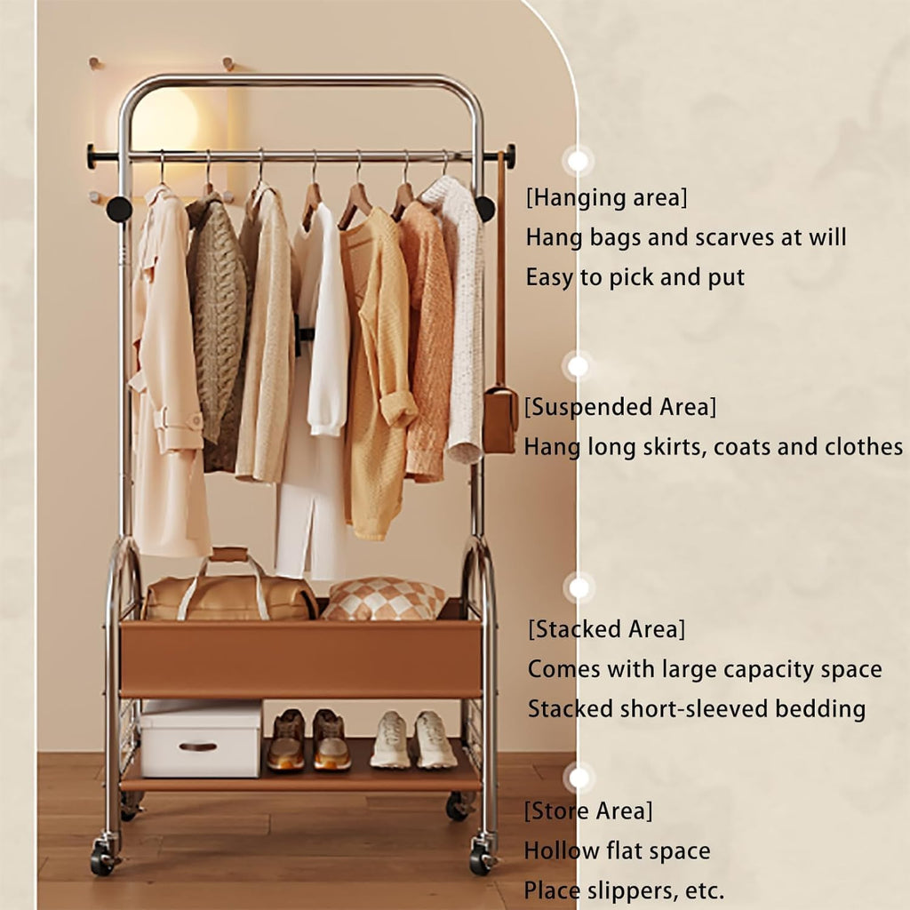 Clothing Rack for Hanging Clothes with Hooks- Freestanding Metal Garment Rack, Rolling Mobile Storage with Bottom Shelf, Multi-Functional for Coats, Shirts, Dresses-Easy Assembly(A,23.6in)