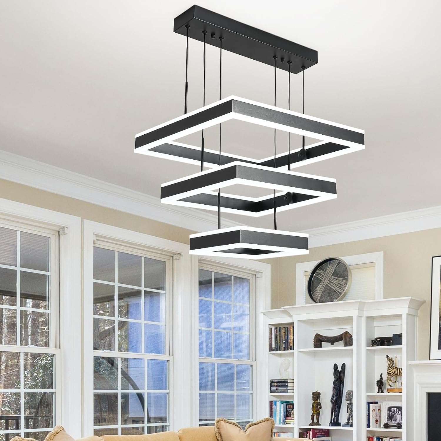 O'NEELDY LED Pendant Light Fixture, 20.47'' Modern Chandelier Square Rings Adjustable Height Black Pendant Lighting 3 Lights Kitchen Island Chandeliers for Dining Room, 6000K