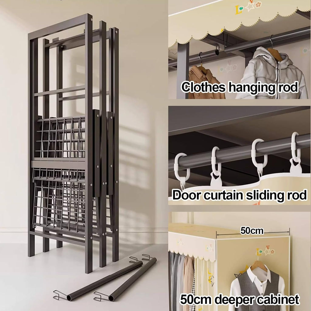 Foldable Wardrobe Closet Rack 1200lbs Storage Garment Racks With Cover Portable Enclosed For Hanging Clothes Metal Covered Clothing Organizer For Bedroom(F,110cm/43.3inch)
