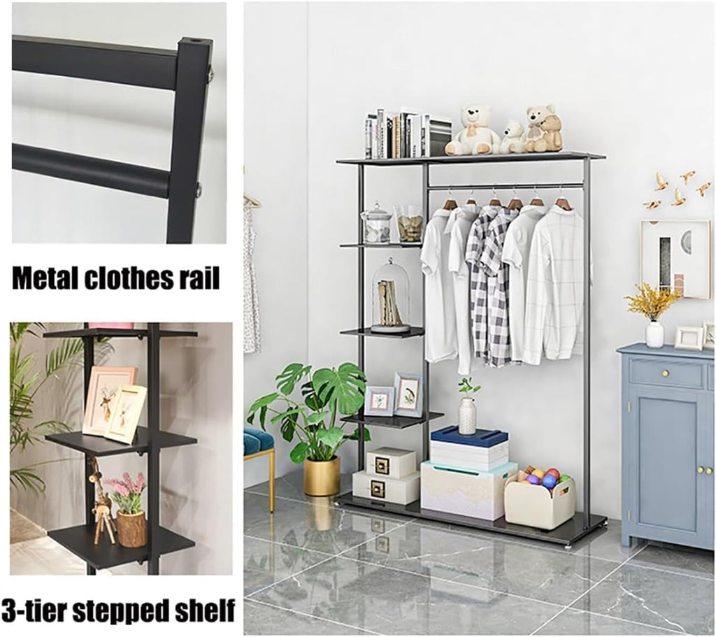 Hangers Display Stand - Garment Rack With Shelf, Metal Clothing Rack Free Standing Closet Organizer With 5 Tier Shelf,Large Clothing Display Stand For Home, Clothing Stores Organizer Shelf(Color:Black