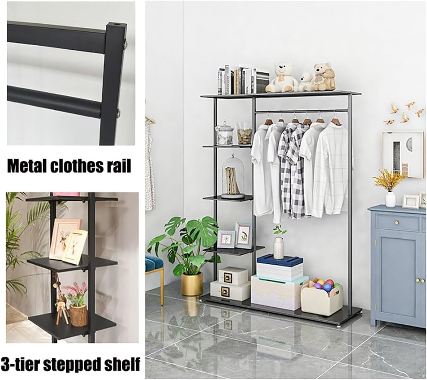 Hangers Display Stand - Garment Rack With Shelf, Metal Clothing Rack Free Standing Closet Organizer With 5 Tier Shelf,Large Clothing Display Stand For Home, Clothing Stores Organizer Shelf(Color:Black