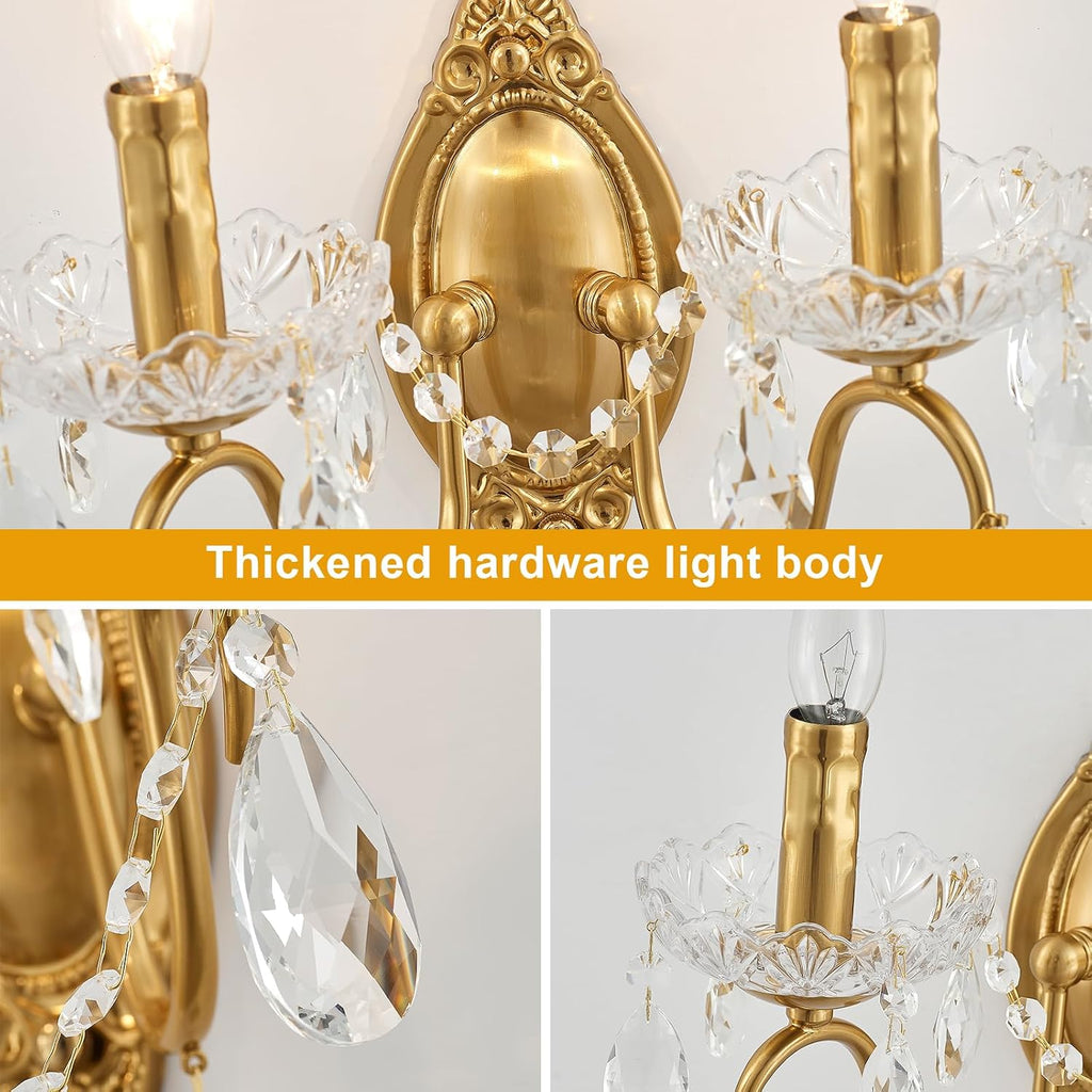 Crystal Wall Sconce Set of 2, Crystal wall sconces, Vintage wall sconces, Gold Brass Finish with Glass Drops, for Bedroom Living Room Bathroom Vanity Mirror Light Fixtures
