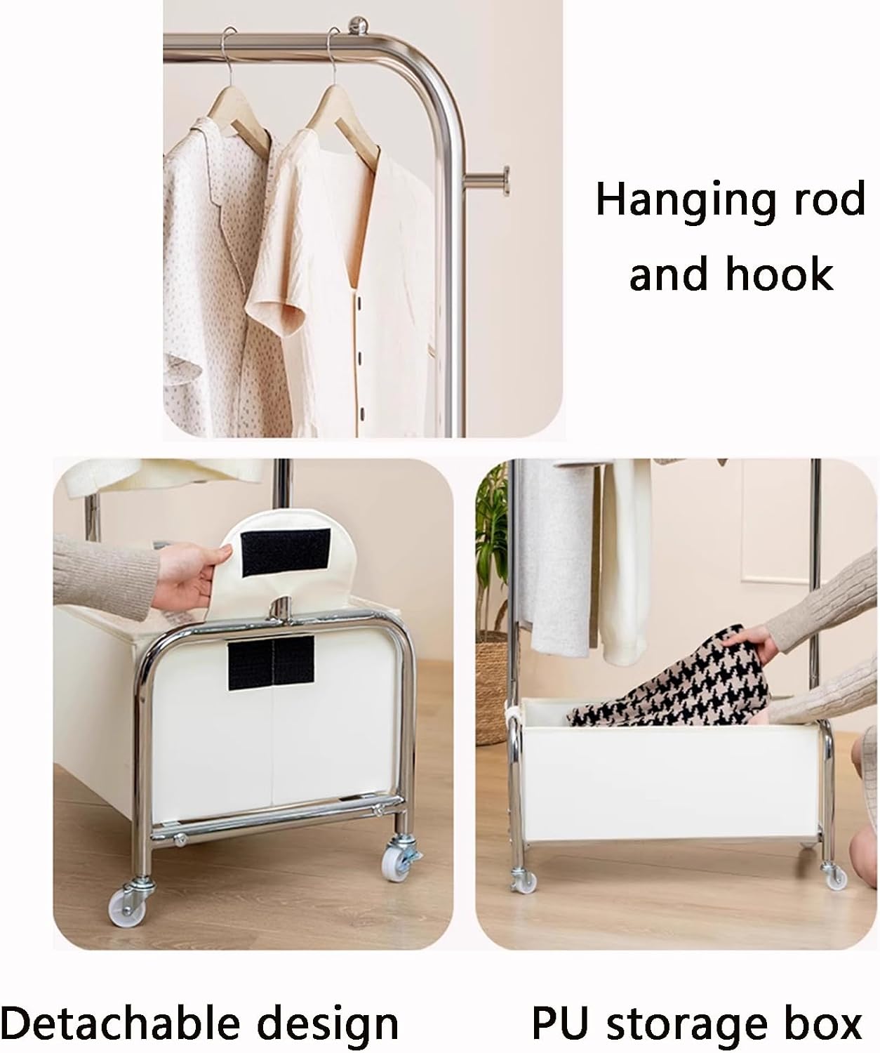 Heavy duty Garment rack Freestanding Coat Rack With Wheels, Metal Clothing Racks with Removable PU Storage Box And 2 Hook, Space-saving Clothes Organizer For Entrance, Bedroom (White 80X35X173CM)
