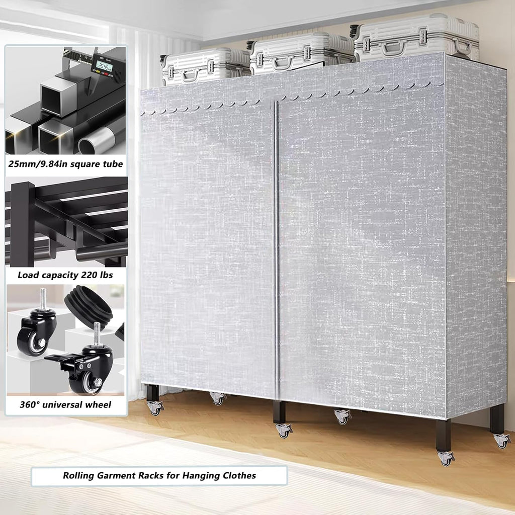 Portable Closet Wardrobe on Wheels, Heavy-Duty 2000 lbs Capacity Freestanding Metal Clothing Rack with Cover for Rolling Garment Storage