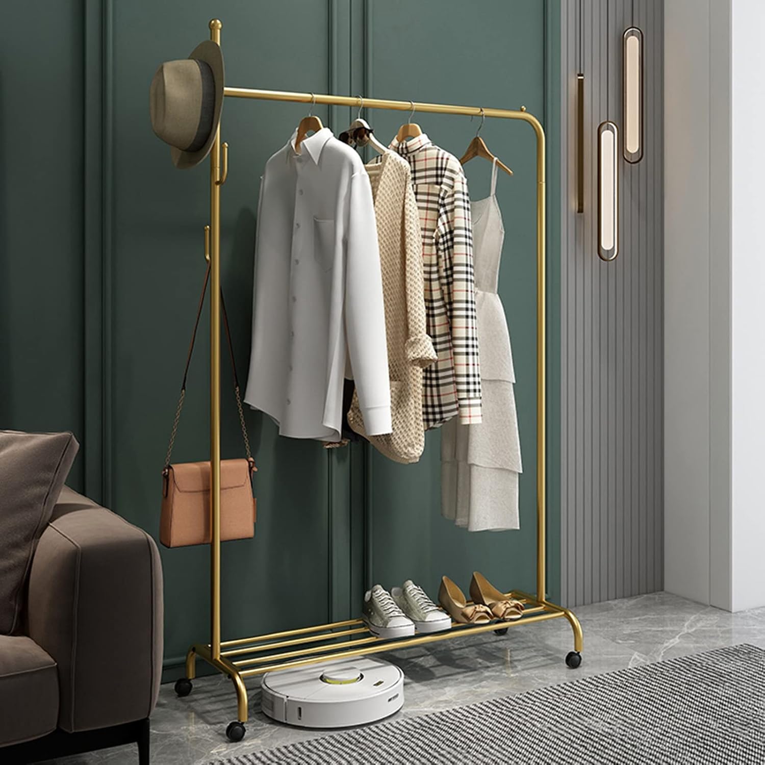 Heavy Duty Coat Rack, Garment Rack Modern Metal Clothes Rail On Wheels Freestanding Hanger with Shelves and 4 Hooks Space Saving Clothing Rack for Bedroom and Entrance Easy to Assemble (80X38X170CM)
