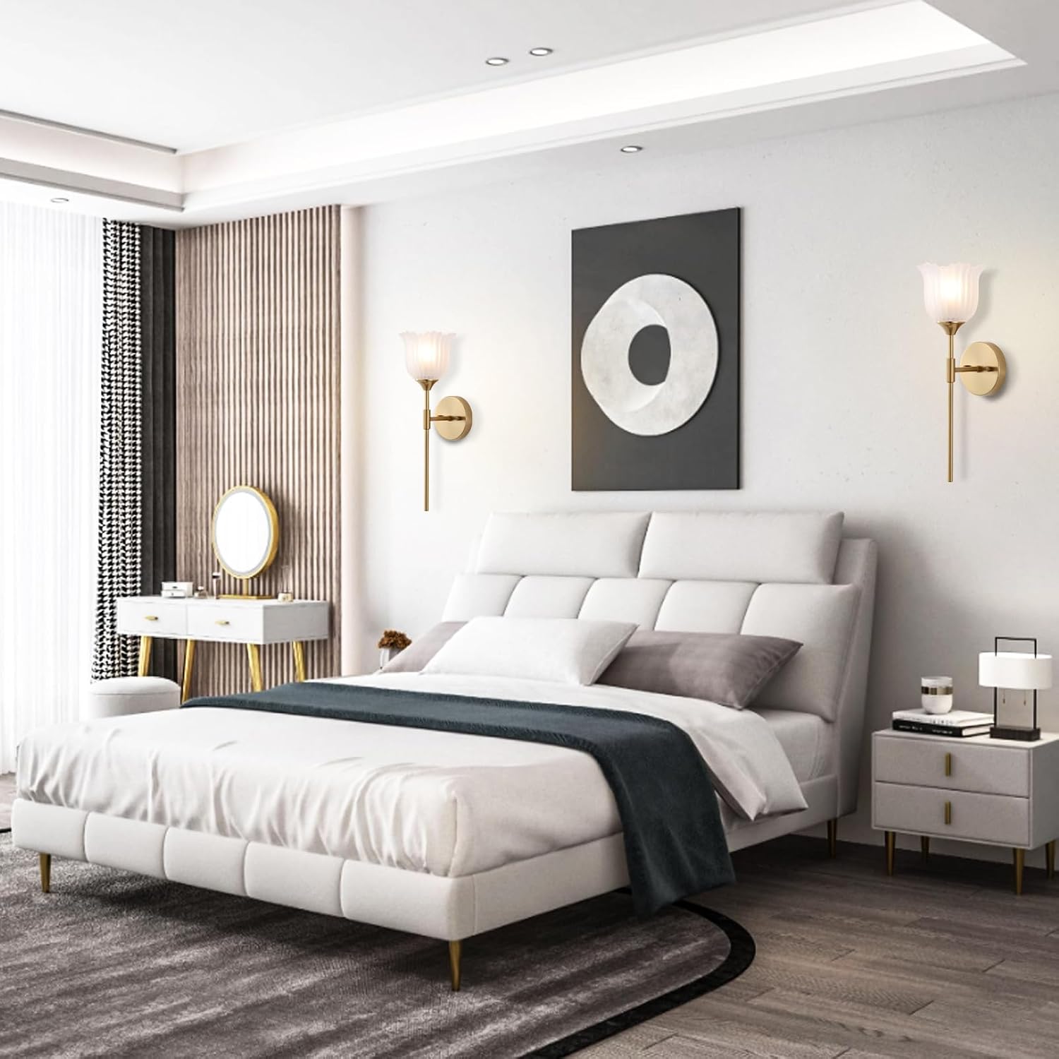 BYOLIIMA Gold Wall Sconce Set of 2 with Frosted Glass Shades Modern Mid Century Bathroom Vanity Wall Light Fixtures Industrial Brushed Brass Wall Lamp for Bedroom Mirror Living Room Restaurant