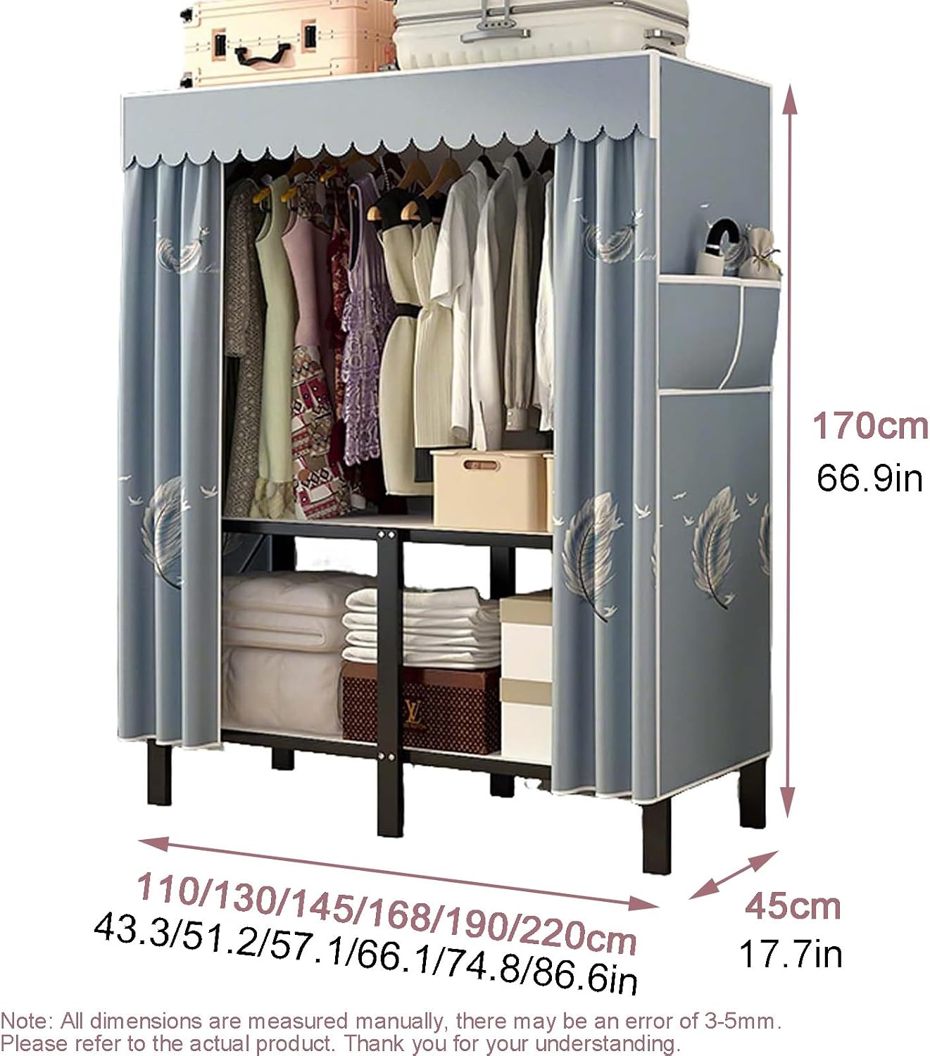 Portable Wardrobe Closet, Folding Garment Rack, Storage Organizer with Side Pockets for Bedroom, 30mm Thick Steel Hanging Rack with Cover(B,110 * 45 * 170cm)