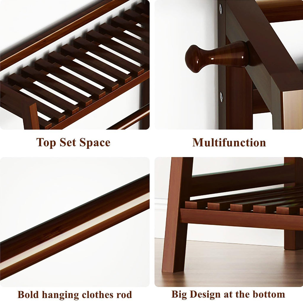 Large Bamboo Clothes Rack with Shelves & Rods, Closet System Clothing Rack Freestanding Garment Racks for Hanging Clothes, Open Wardrobe Organizer,Brown,130cm