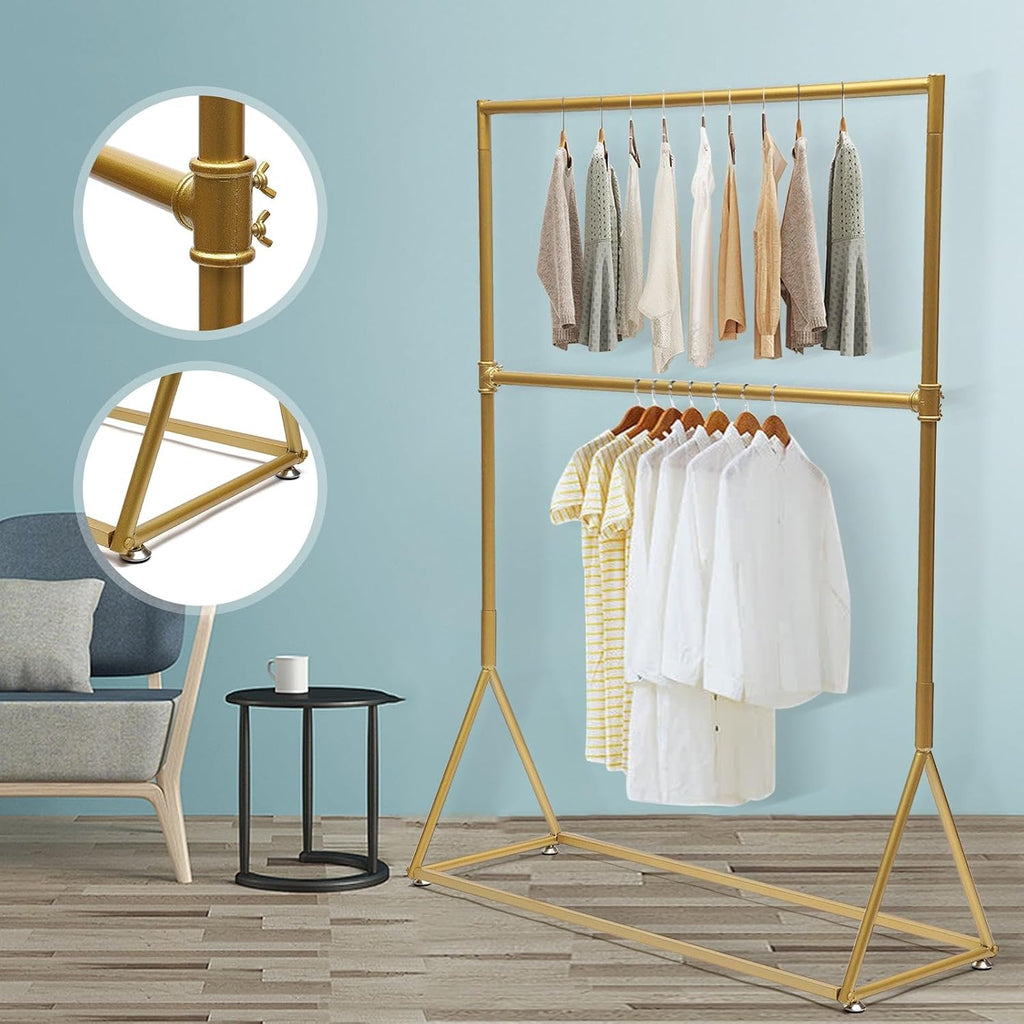 Portable Iron Durable 2 Tier Clothes Rack Retro Freestanding Gold Garment Rack For Hanging Shirts Coats Suits Pants 47.2x15.7x62.9 Inch Gold