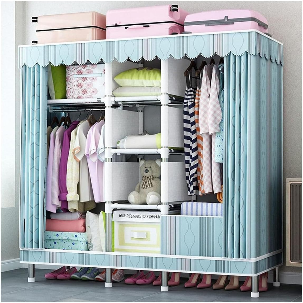 Metal Garment Rack Covered Clothes Rack with 2 Hanging Rods and Shelves Free Standing Closet Wardrobe with Fabric Cover for Bedroom (Color : Blue B, Size : 160x45x172cm)