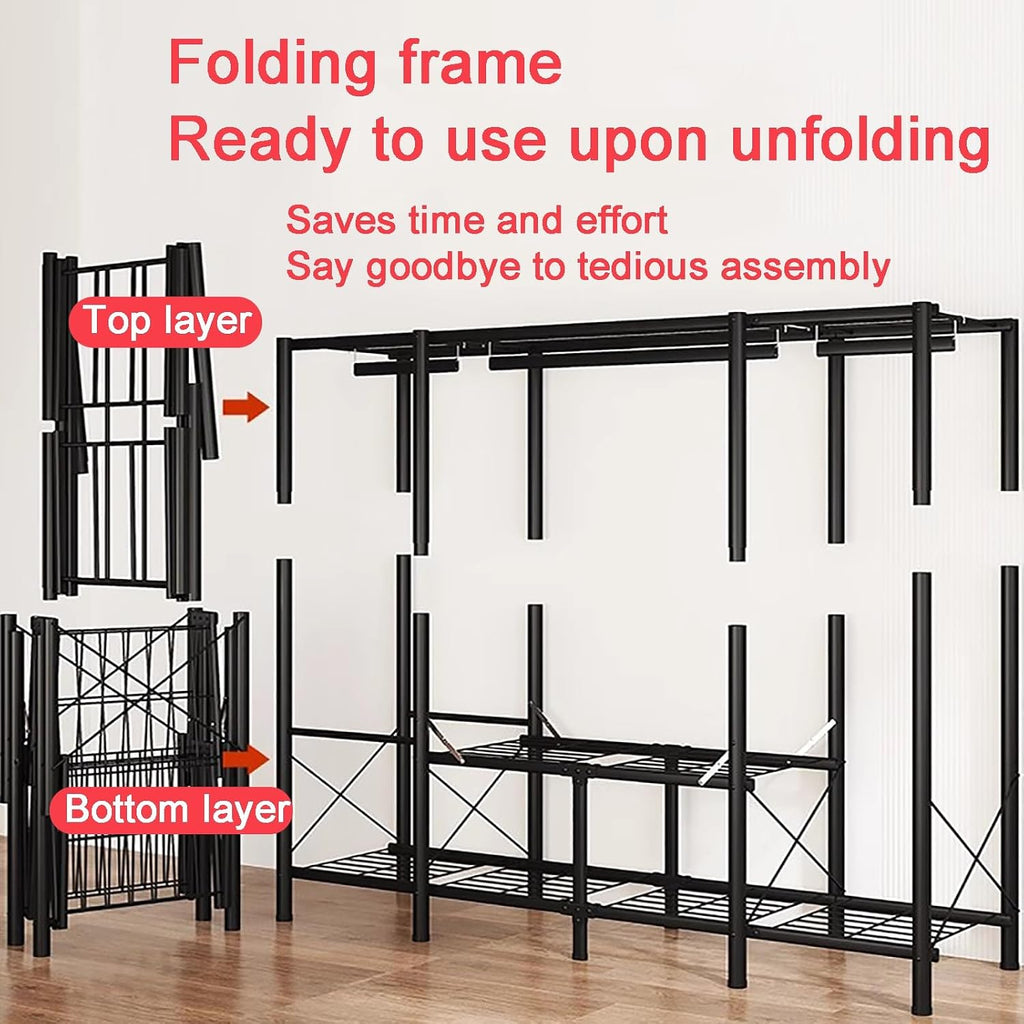 Portable Foldable Wardrobe Closet, Garment Rack with Cover for Hanging Clothes, Clothes Rack with Storage Basket, Clothes Storage Box, Thickened Steel Tube(Blue)