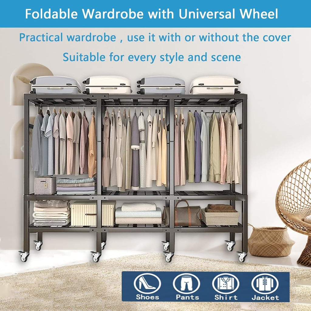 Collapsible Garment Rack with Cover and Wheels, 70.8in High Portable Wardrobe Closet Rack/Heavy-Duty Freestanding Closet System for Bedroom/Large Cabinet Clothes Storage Organizer (84.6in/215cm)