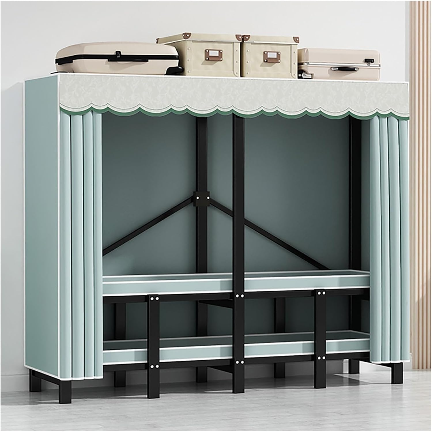 Heavy Duty Portable Wardrobe Closet With Cover, Foldable Garment Rack, Metal Freestanding Clothing Rack For Hanging Clothes, For Bedroom, Dorm(Blue2,145x170x50cm)