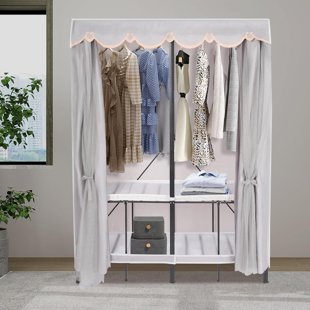 Foldable Wardrobe Closet Rack with Cover, Portable Garment Rack with Hooks Freestanding Clothing Rack Folding Clothes Organizer Black Grey for Bedroom Cloakroom