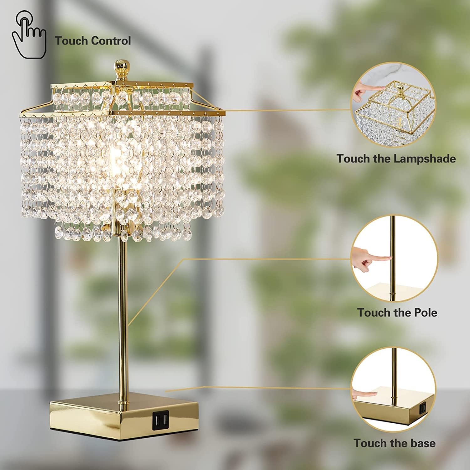 Luvkczc Tables Lamp and Floor Lamp Set, Crystal Table Lamp with USB Ports+Crystal Floor Lamps Set of 2, Morden Lamps for Living Room, Bedroom, Office (Gold)