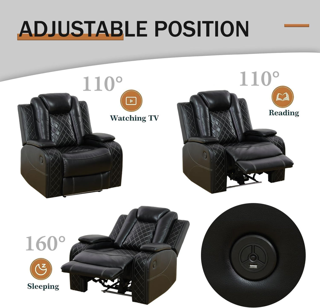 Pon Living Luxurious Leather Reclining Sofa Set with LED, Power Recliner Sofa Set, Living Room Furniture Sets with Cup Holders/USB Port & Storage Consoles for House/Home Theater
