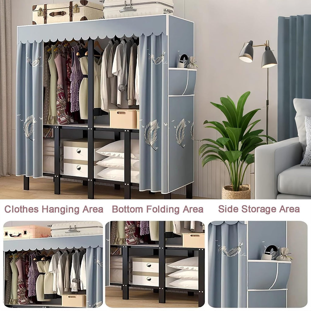 Portable Wardrobe Closet, Folding Garment Rack, Storage Organizer with Side Pockets for Bedroom, 30mm Thick Steel Hanging Rack with Cover(B,145 * 45 * 170cm)