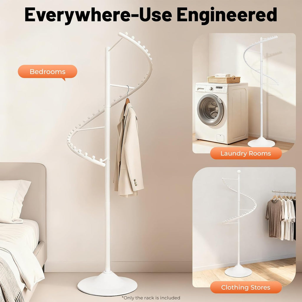 Spiral Rotating Clothing Rack, 360° Spiral Retail Round Garment Rack with 38 Ball, 71inch Freestanding Metal Hanging Clothing Display Stand for Bedroom Living Rooms Stores, White