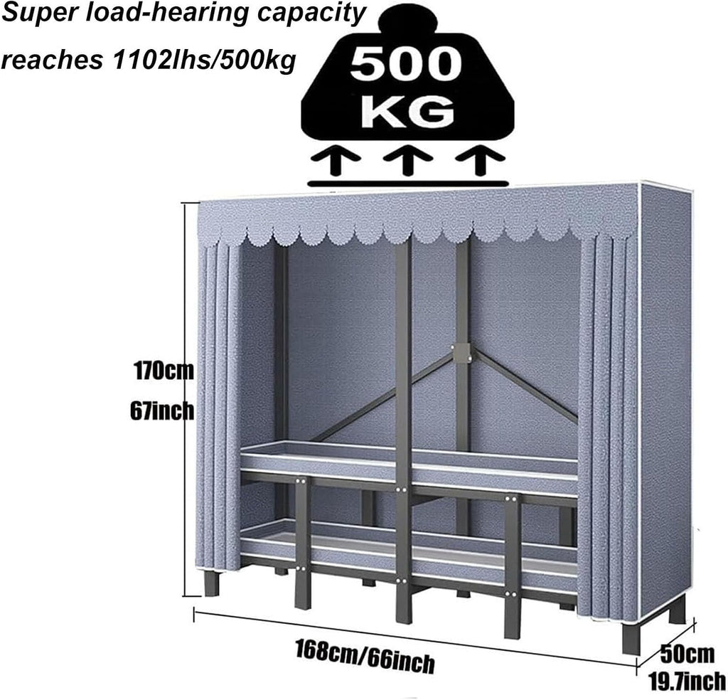 Portable Closet, Heavy Duty Covered Clothes Rack Portable Wardrobe Closet, Wire Garment Rack Black Metal Clothing Rack with Grey Cover, Clothes Storage Organizer for Extra Sturdy(66inch/168cmx19.7inch