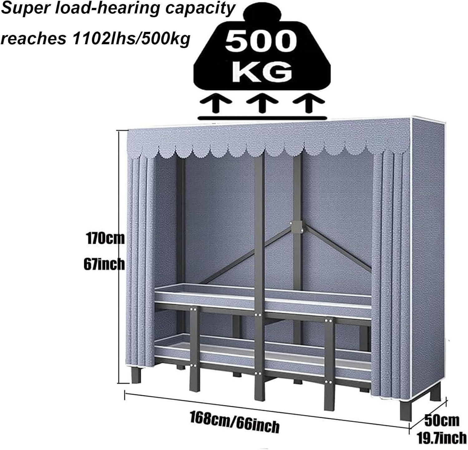 Portable Closet, Heavy Duty Covered Clothes Rack Portable Wardrobe Closet, Wire Garment Rack Black Metal Clothing Rack with Grey Cover, Clothes Storage Organizer for Extra Sturdy(66inch/168cmx19.7inch