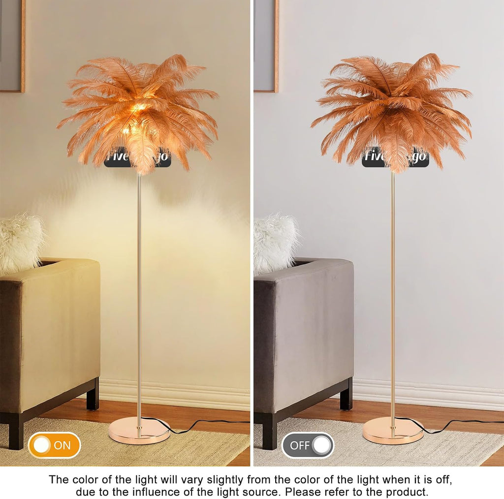 Feather Floor Lamp for Living Room, Fluffy Ostrich Feathers Lamp, Rose Gold Color Body, 3 Color Temperatures Modern Funky Arc Tall Standing Lamp for Bedroom Inclued Bright LED Bulbs (Brown)