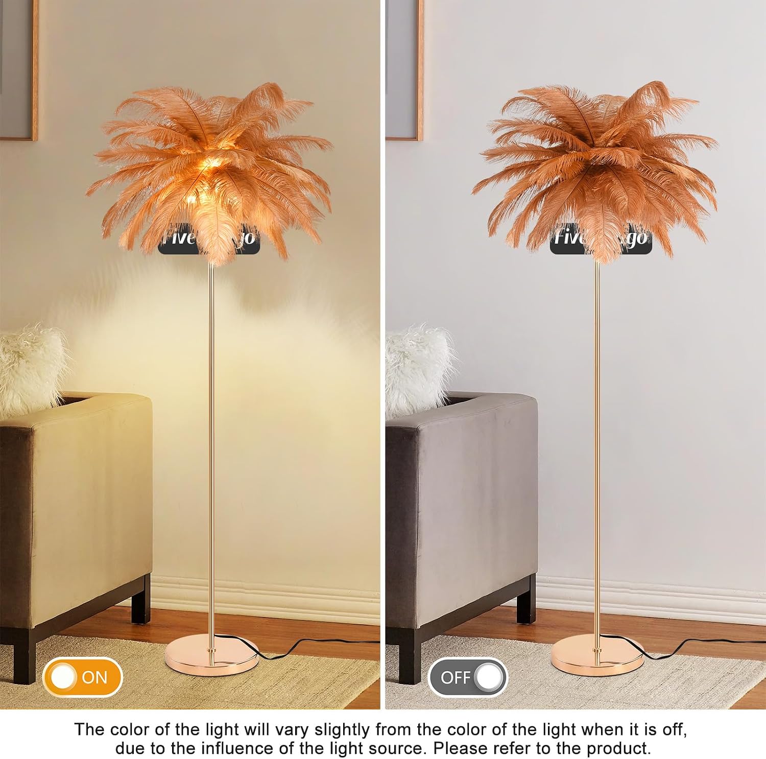 Feather Floor Lamp for Living Room, Fluffy Ostrich Feathers Lamp, Rose Gold Color Body, 3 Color Temperatures Modern Funky Arc Tall Standing Lamp for Bedroom Inclued Bright LED Bulbs (Brown)