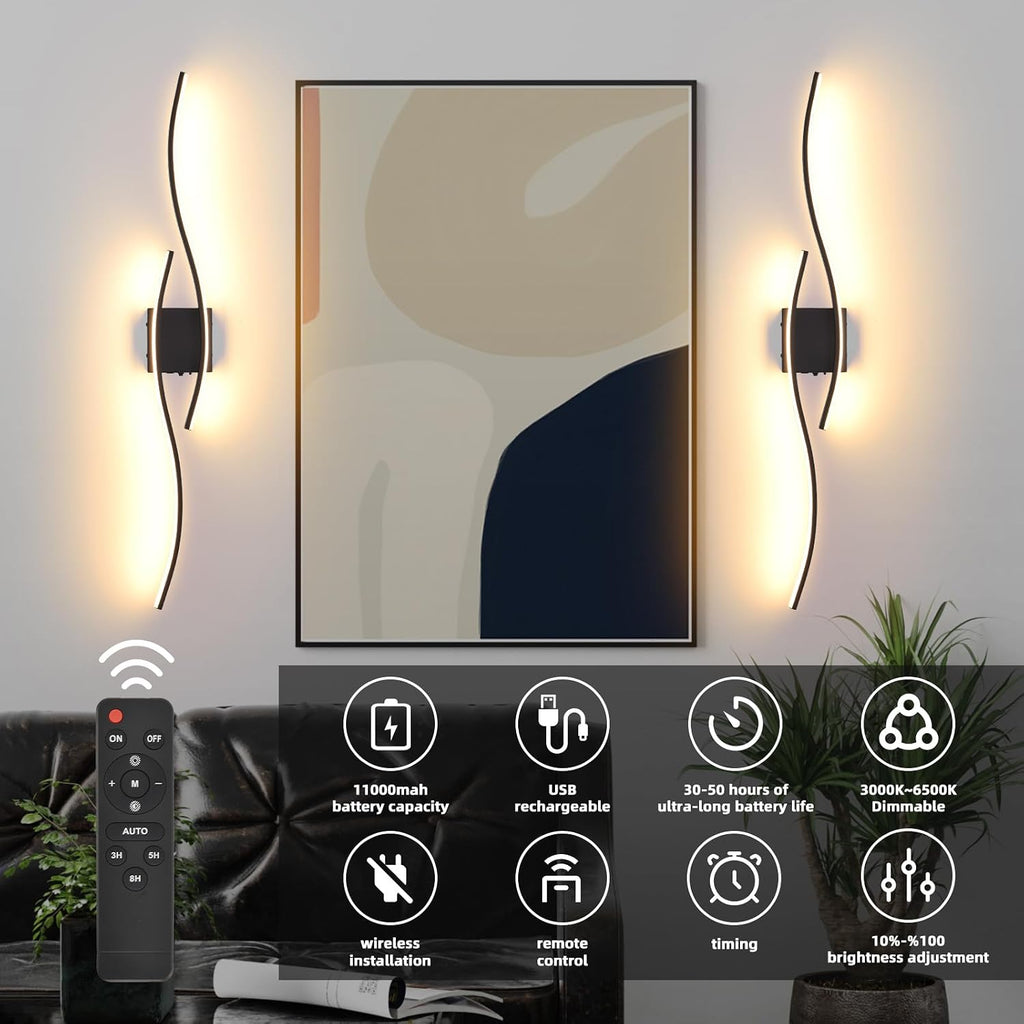 Battery Operated Wall Sconces Set Of Two, 3000K-6500K 39.4 inch black LED dimmable wireless wall sconce with remote control, USB rechargeable wall lights for Living Room Bedroom Hallway Background