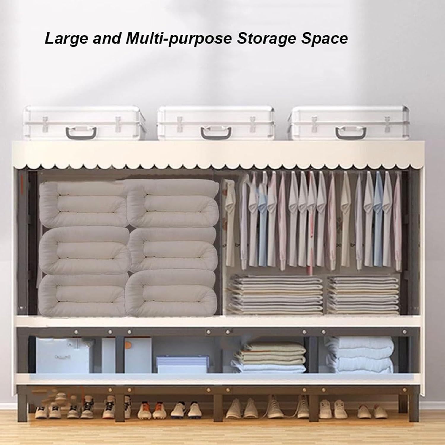 Portable Closet, Heavy Duty Covered Clothes Rack Portable Wardrobe Closet, Wire Garment Rack Black Metal Clothing Rack with Grey Cover, Clothes Storage Organizer for Extra Sturdy(76.8inch/195cmx19.7in