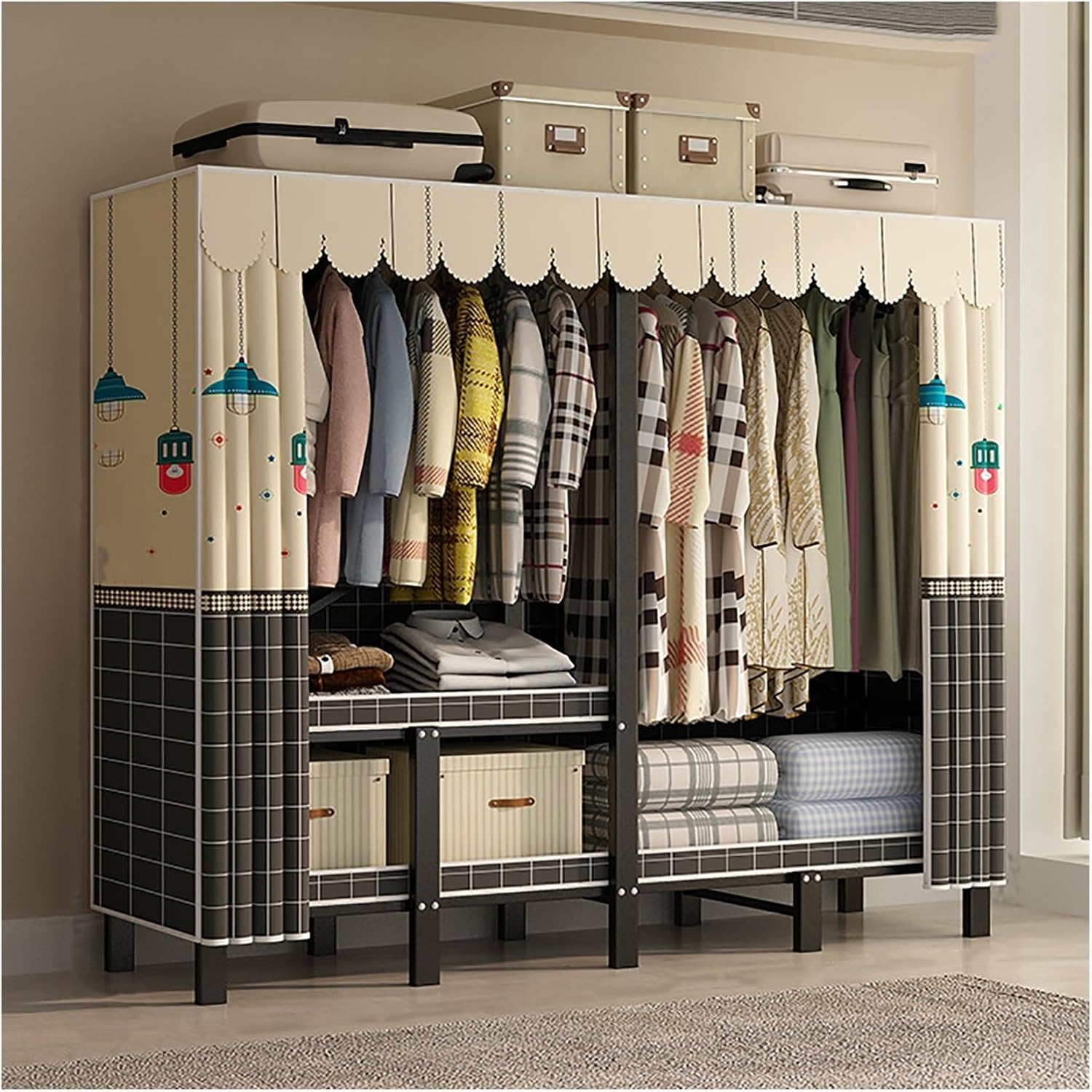 Portable Wardrobe Closet With Cover, Heavy Duty Clothes Rack With Cover, Freestanding Coat Storage Garment Racks, For Bedroom Hanging Clothes(D,241cm/94.9inch)