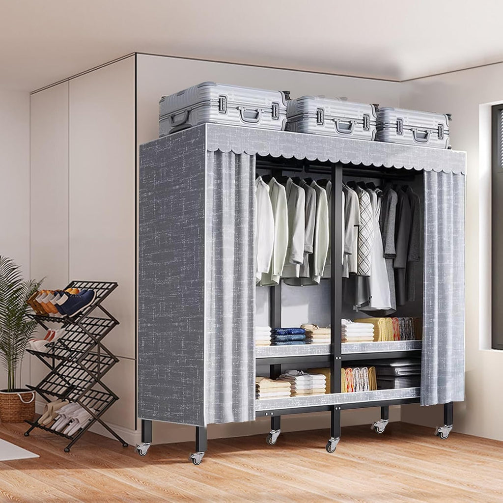 Heavy Duty Rolling Garment Rack with Cover - Foldable Clothing Rack for Hanging Clothes, Portable Freestanding Wardrobe Closet and Metal Armoires