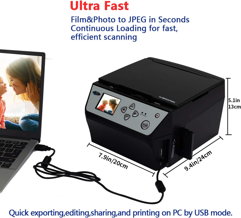 Digital Film & Photo Scanner Multi-Function Combo Scanner with HD 22MP, Convert 135Film/35mm slide/110Film/Photo/Document/Business Card to Digital JPG Files, 2.4 inch LCD, Black